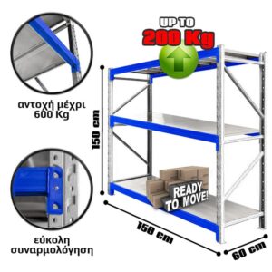 Ράφια Βαρέως Τύπου 150x150x60 Λευκό με Μπλε Δοκούς